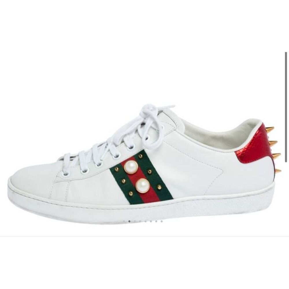 Gucci Women's Ace Studded Pearl Sneakers White Size 7.5 Athletic Shoes - Picture 5 of 14